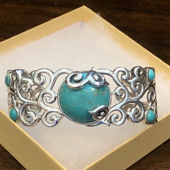 BARSE Sterling Silver Scroll Filigree Overlay Turquoise Cabochon Cuff Bracelet - Picture 5 of 5